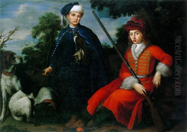 Portrait Of Two Boys Dressed As Hunters, Probably Members Of The Medici Household Oil Painting by Anton Domenico Gabbiani