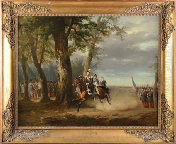 Louis Napoleon Bonaparte, Prince President, Suivi De Son Etat Major Passant En Revue Ses Troupes A Pied Oil Painting by Nicholas Edward Gabe