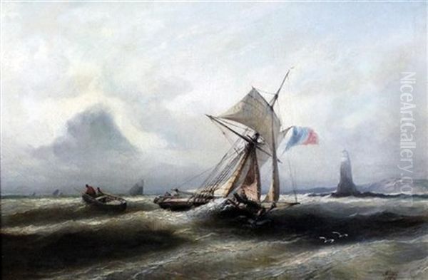 Fishing Boat In A Squall, A Lighthouse Beyond Oil Painting by Nicholas Edward Gabe