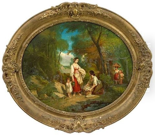 Young Children Fishing On A River Bank (+ A Companion Painting Of Young Women With Children Washing Clothes On A River Bank; Pair) Oil Painting by Nicholas Edward Gabe