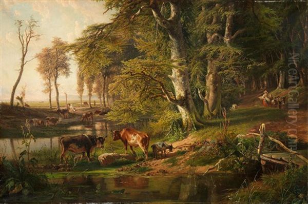 Cattle By A Wooded Stream, Oosterbeek Oil Painting by Paul Joseph Constantin Gabriel