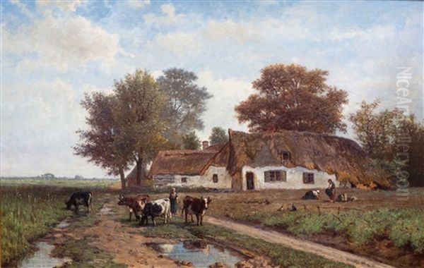 Ferme Et Vaches' / Farm And Cows Oil Painting by Paul Joseph Constantin Gabriel