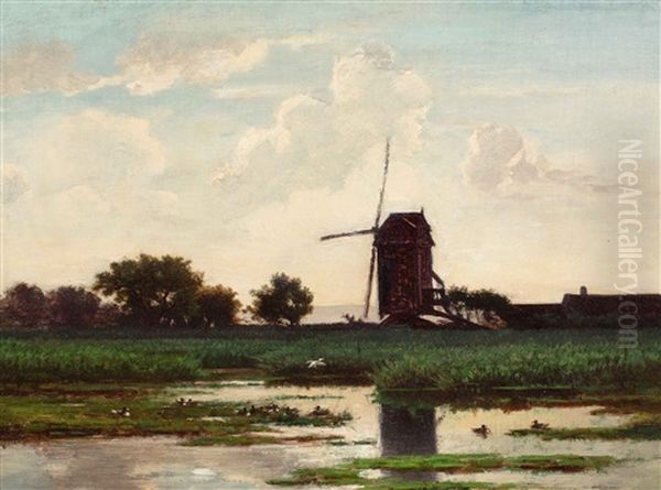 Dutch Polder Landscape With Windmill And Ducks On The Waterside Oil Painting by Paul Joseph Constantin Gabriel