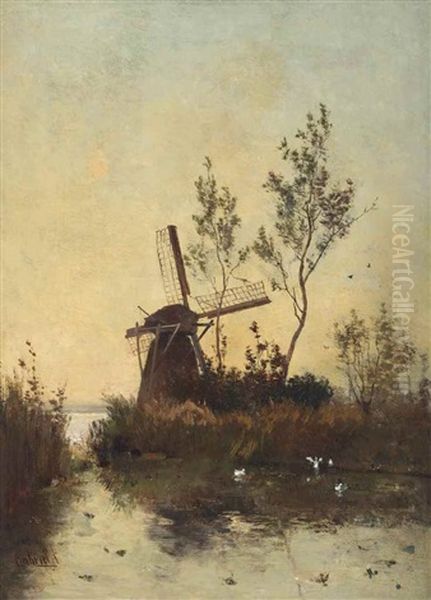 A Windmill At Dusk Oil Painting by Paul Joseph Constantin Gabriel