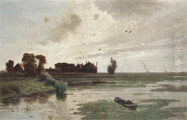 A Polder Landscape With Fishermen Near A Farm Oil Painting by Paul Joseph Constantin Gabriel