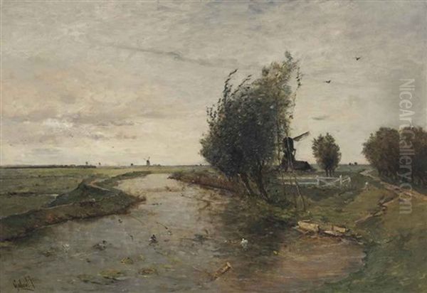 Windmills In A Polder Landscape Oil Painting by Paul Joseph Constantin Gabriel