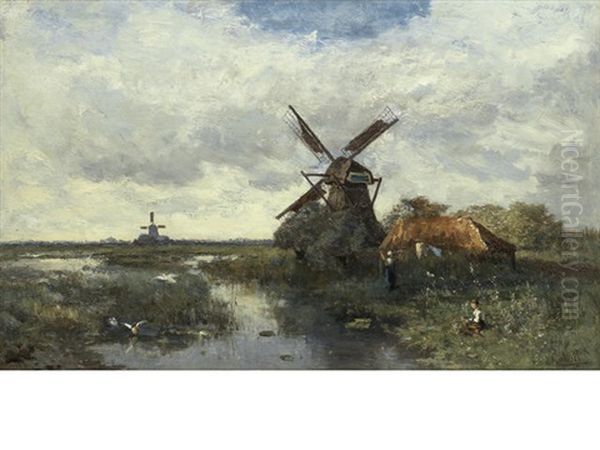 Landscape With Windmills Oil Painting by Paul Joseph Constantin Gabriel