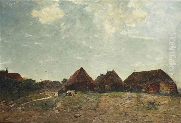 Schaapskooyen; A Sunlit Landscape With Several Sheepfolds Oil Painting by Paul Joseph Constantin Gabriel