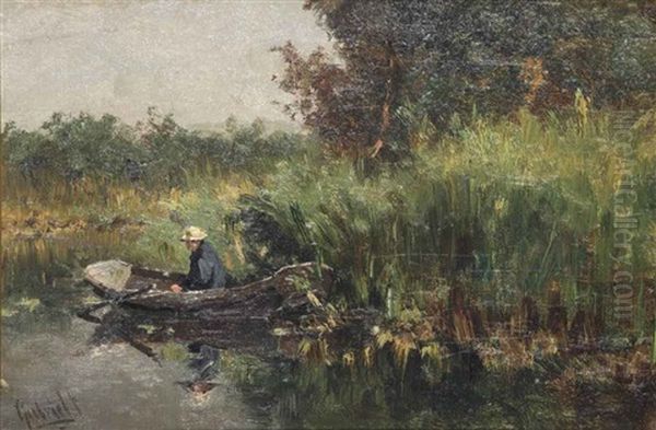 A Fisherman In A Rowing Boat Oil Painting by Paul Joseph Constantin Gabriel