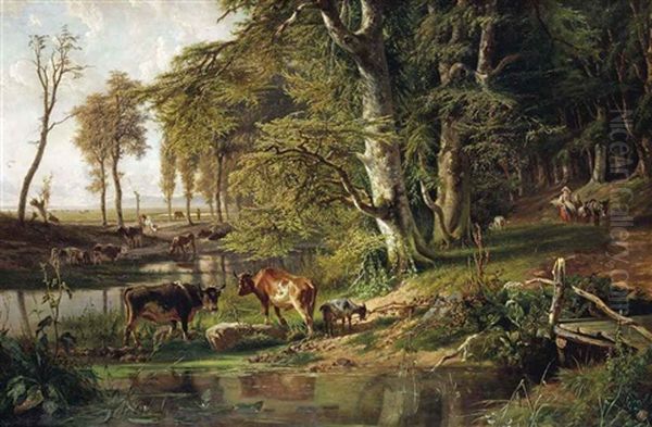 Grazing Cattle By A Woodland Stream Oil Painting by Paul Joseph Constantin Gabriel