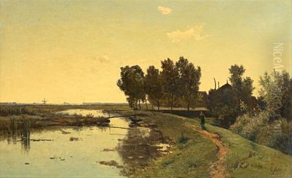 Walking Along A Dutch Canal Oil Painting by Paul Joseph Constantin Gabriel