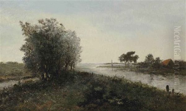 A River Landscape With A Farm In The Distance Oil Painting by Paul Joseph Constantin Gabriel