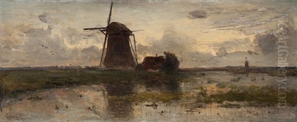 Mills In A Polder Landscape Oil Painting by Paul Joseph Constantin Gabriel