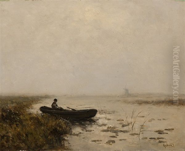 Fisherman In His Boat In A Polder Landscape by Paul Joseph Constantin Gabriel