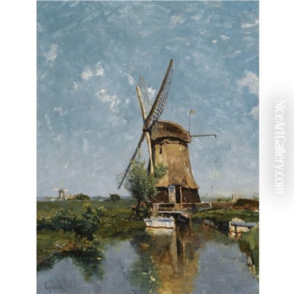 A Mill In A Polder Landscape Oil Painting by Paul Joseph Constantin Gabriel