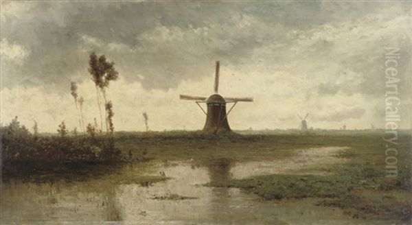 Windmills In A River Landscape Oil Painting by Paul Joseph Constantin Gabriel