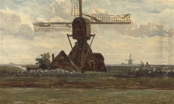 A Windmill In A Dutch Polder Landscape Oil Painting by Paul Joseph Constantin Gabriel