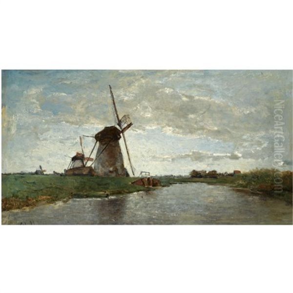 Windmills In A Polder Landscape Oil Painting by Paul Joseph Constantin Gabriel