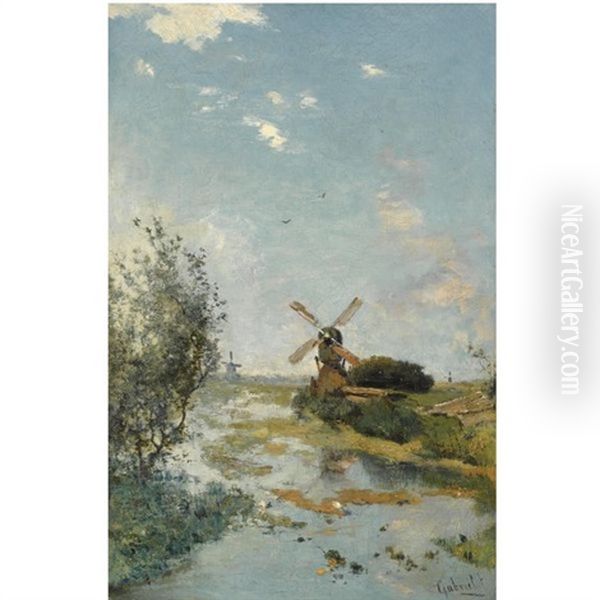 A Windmill In A Polder Landscape Near Kortenhoef Oil Painting by Paul Joseph Constantin Gabriel