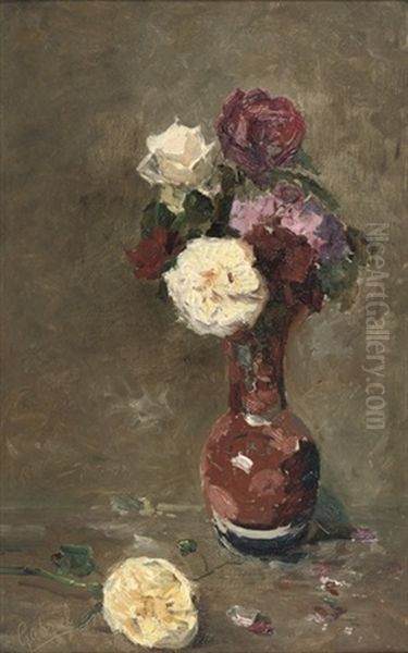 Rozen In Een Vaas: White And Pink Roses Oil Painting by Paul Joseph Constantin Gabriel