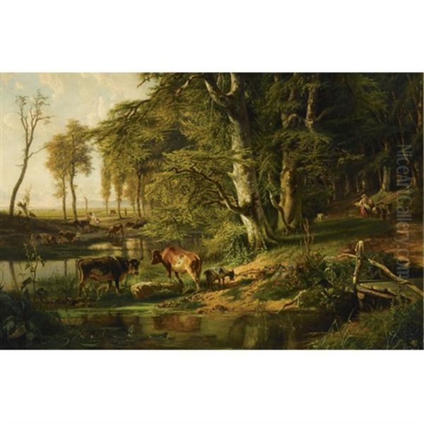 Cattle By A Wooded Stream, Oosterbeek Oil Painting by Paul Joseph Constantin Gabriel