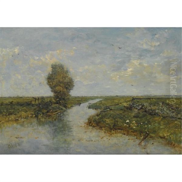 A Polder Landscape Oil Painting by Paul Joseph Constantin Gabriel