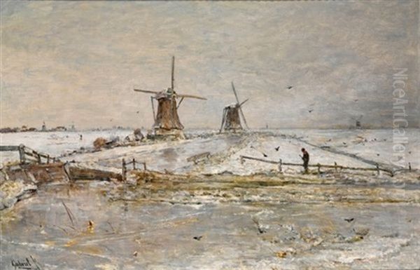 Snow Covered Windmills Near Overschie Oil Painting by Paul Joseph Constantin Gabriel