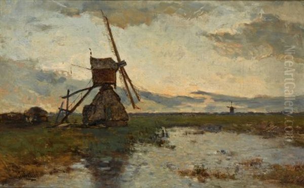 Windmills In A Polder Landscape Oil Painting by Paul Joseph Constantin Gabriel