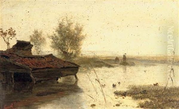 Fishing In A Duck Pond Oil Painting by Paul Joseph Constantin Gabriel