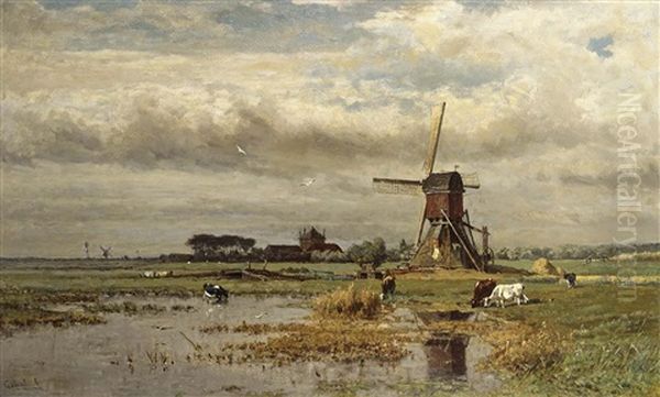 A Windmill In A Polder Landscape Oil Painting by Paul Joseph Constantin Gabriel