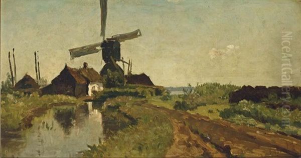 A Windmill In A Polder Landscape Oil Painting by Paul Joseph Constantin Gabriel