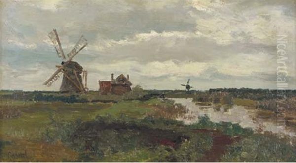 Windmills In A Polder Landscape Oil Painting by Paul Joseph Constantin Gabriel