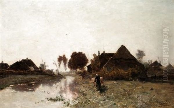 A Dutch River Village Oil Painting by Paul Joseph Constantin Gabriel