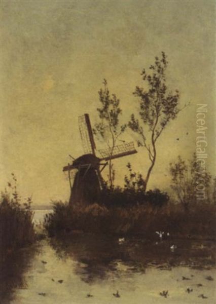 A Windmill At Dusk Oil Painting by Paul Joseph Constantin Gabriel