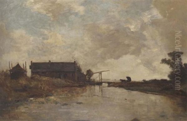 Tolbrug Bij Kortenhoef: A Carriage Approaching A Drawbridge Oil Painting by Paul Joseph Constantin Gabriel