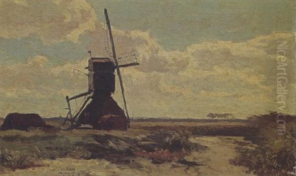 A Windmill In A Polder Landscape Oil Painting by Paul Joseph Constantin Gabriel