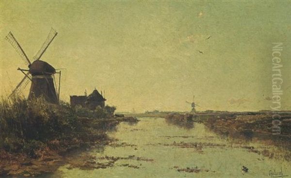 Windmills In A Polder Landscape Oil Painting by Paul Joseph Constantin Gabriel