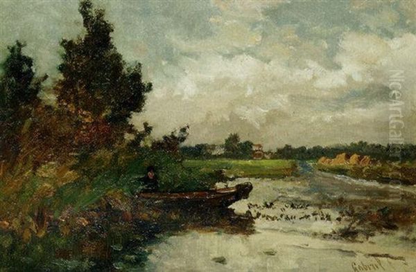 An Angler In A Polder Landscape Oil Painting by Paul Joseph Constantin Gabriel