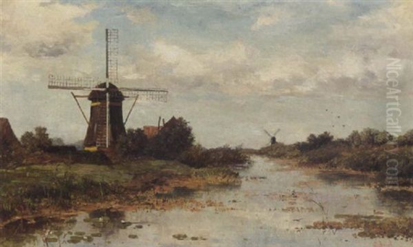 Windmills In A Landscape Near Abcoude Oil Painting by Paul Joseph Constantin Gabriel