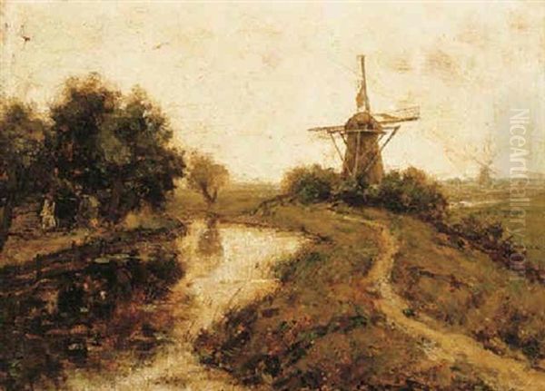 Windmills By A River Oil Painting by Paul Joseph Constantin Gabriel