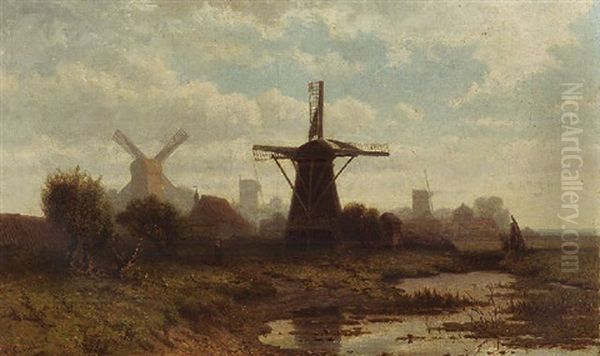 Windmills In A Polder Landscape Oil Painting by Paul Joseph Constantin Gabriel