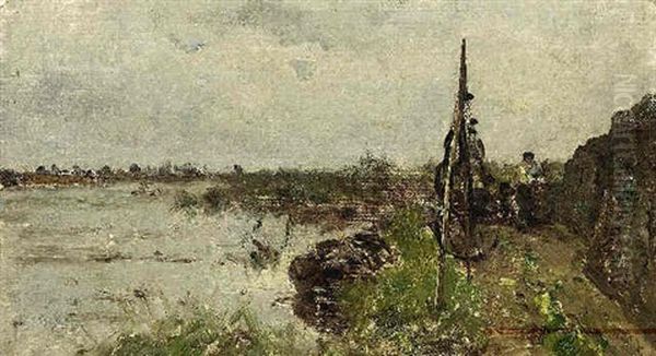 A Fisherman In A Polder Landscape Oil Painting by Paul Joseph Constantin Gabriel