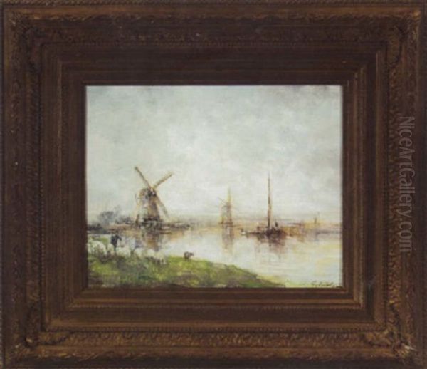 Paysage Au Bord De L'eau Avec Moulins, Bateaux, Troupeau De Moutons Oil Painting by Paul Joseph Constantin Gabriel