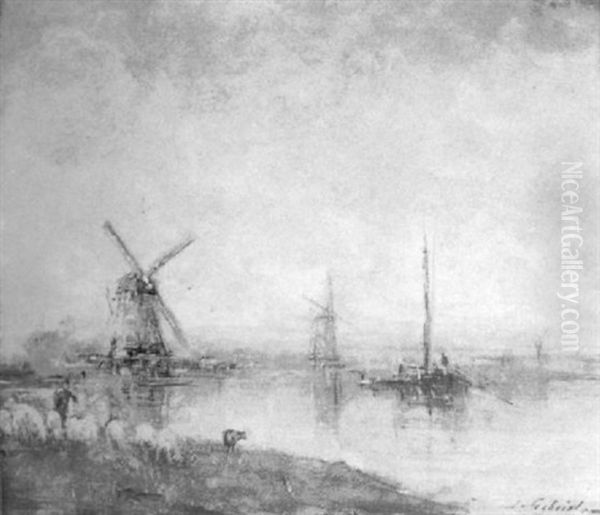 Paysage Au Bord De L'eau Avec Moulins Oil Painting by Paul Joseph Constantin Gabriel