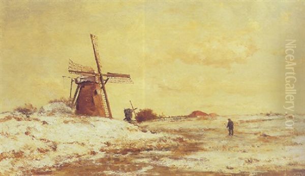 A Mill In A Winter Landscape Oil Painting by Paul Joseph Constantin Gabriel