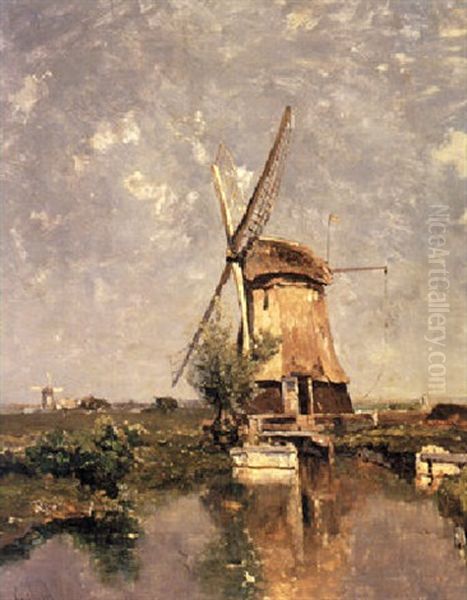 A Mill In A Polder Landscape Oil Painting by Paul Joseph Constantin Gabriel