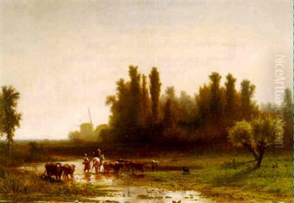 Herders Met Vee Bij Een Voorde Oil Painting by Paul Joseph Constantin Gabriel