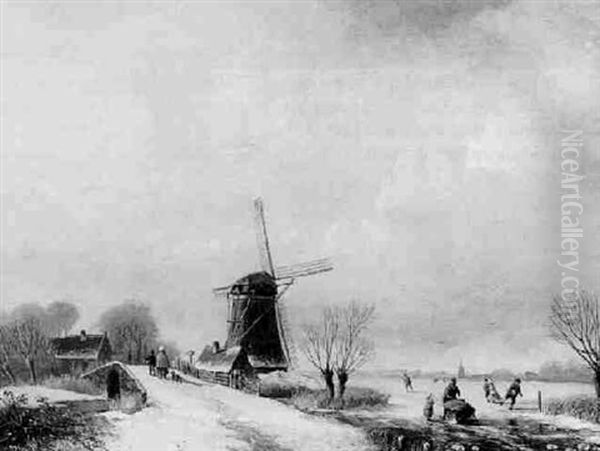 Skaters On A Frozen River By A Mill Oil Painting by Paul Joseph Constantin Gabriel