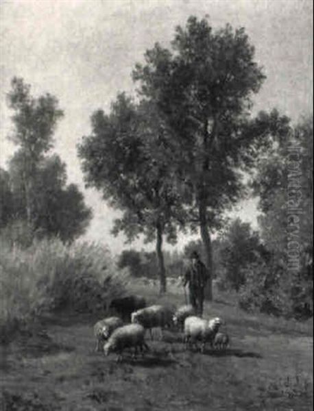 A Shepherd And Flock In A Landscape Oil Painting by Paul Joseph Constantin Gabriel