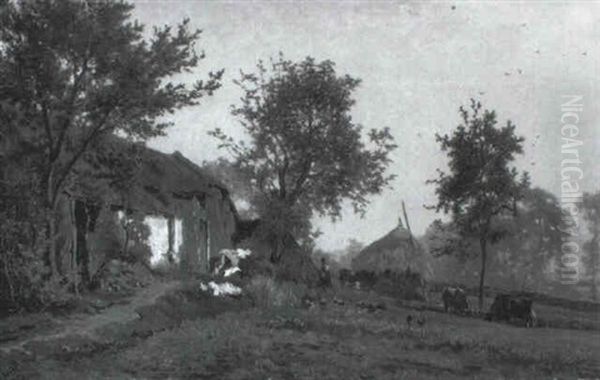 A Peasantwoman And Cows In A Farmyard Oil Painting by Paul Joseph Constantin Gabriel